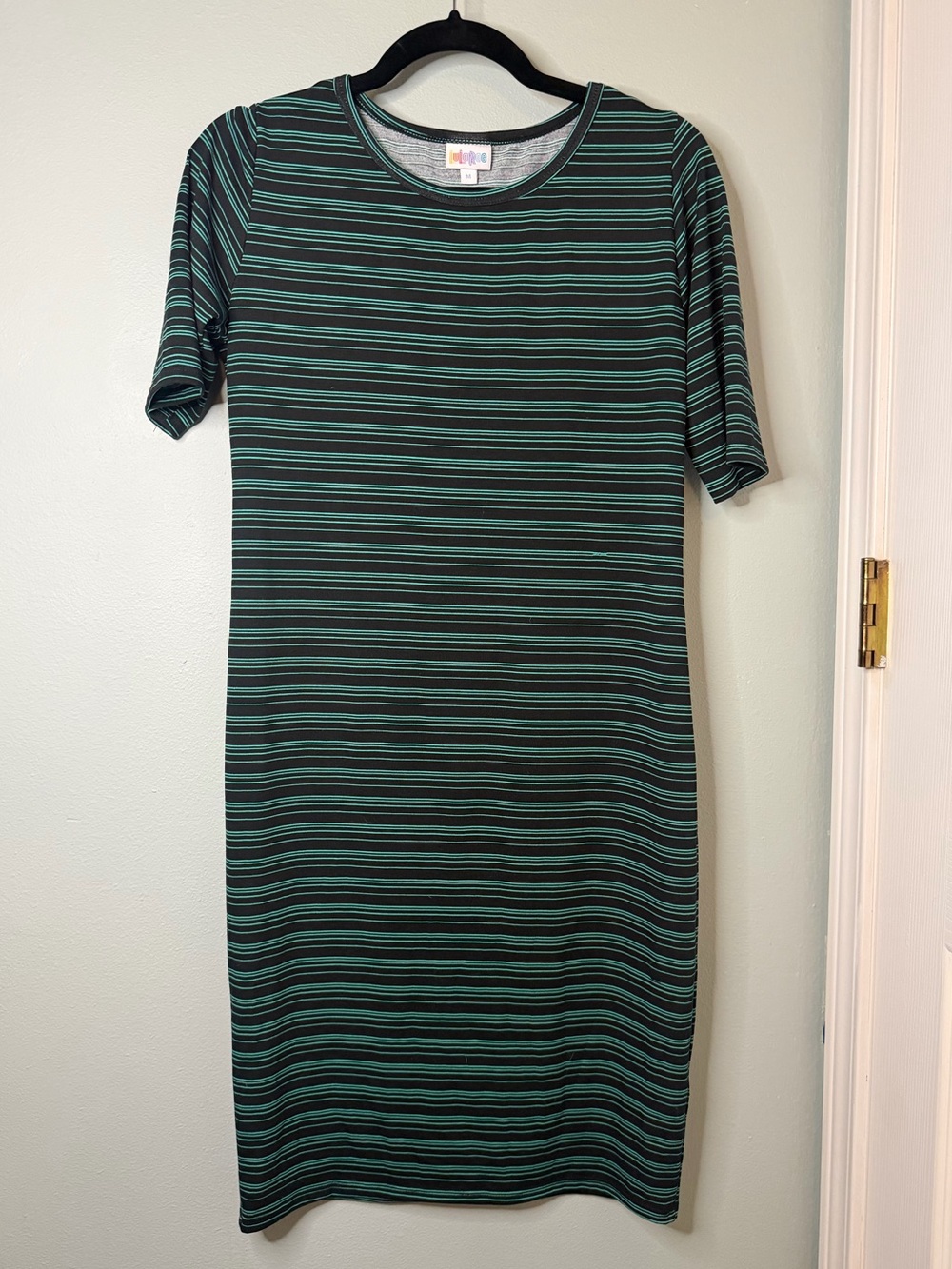 LuLaRoe Black & Teal Striped Julia Midi Dress